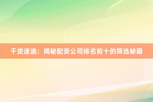 干货速递：揭秘配资公司排名前十的筛选秘籍